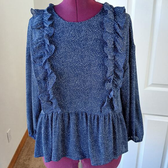 H&M Navy Speckle Ruffled Peplum Blouse 12 sheer retro 80s repaired LS - Picture 5 of 16